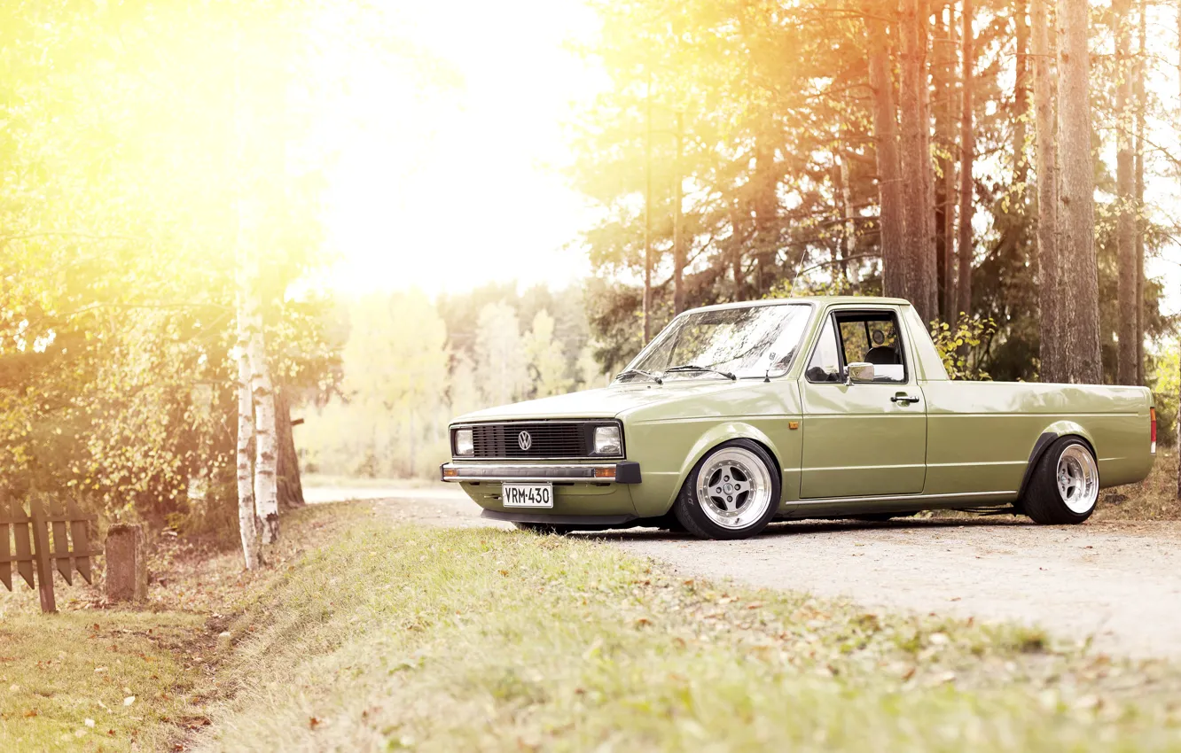 Photo wallpaper road, the sun, lights, Volkswagen, wheel, the countryside, side, Caddy