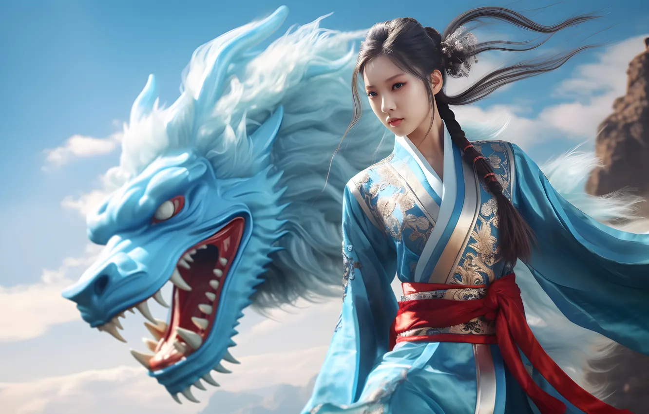 Photo wallpaper sky, long hair, clouds, women, dragon, asian, digital art, creature