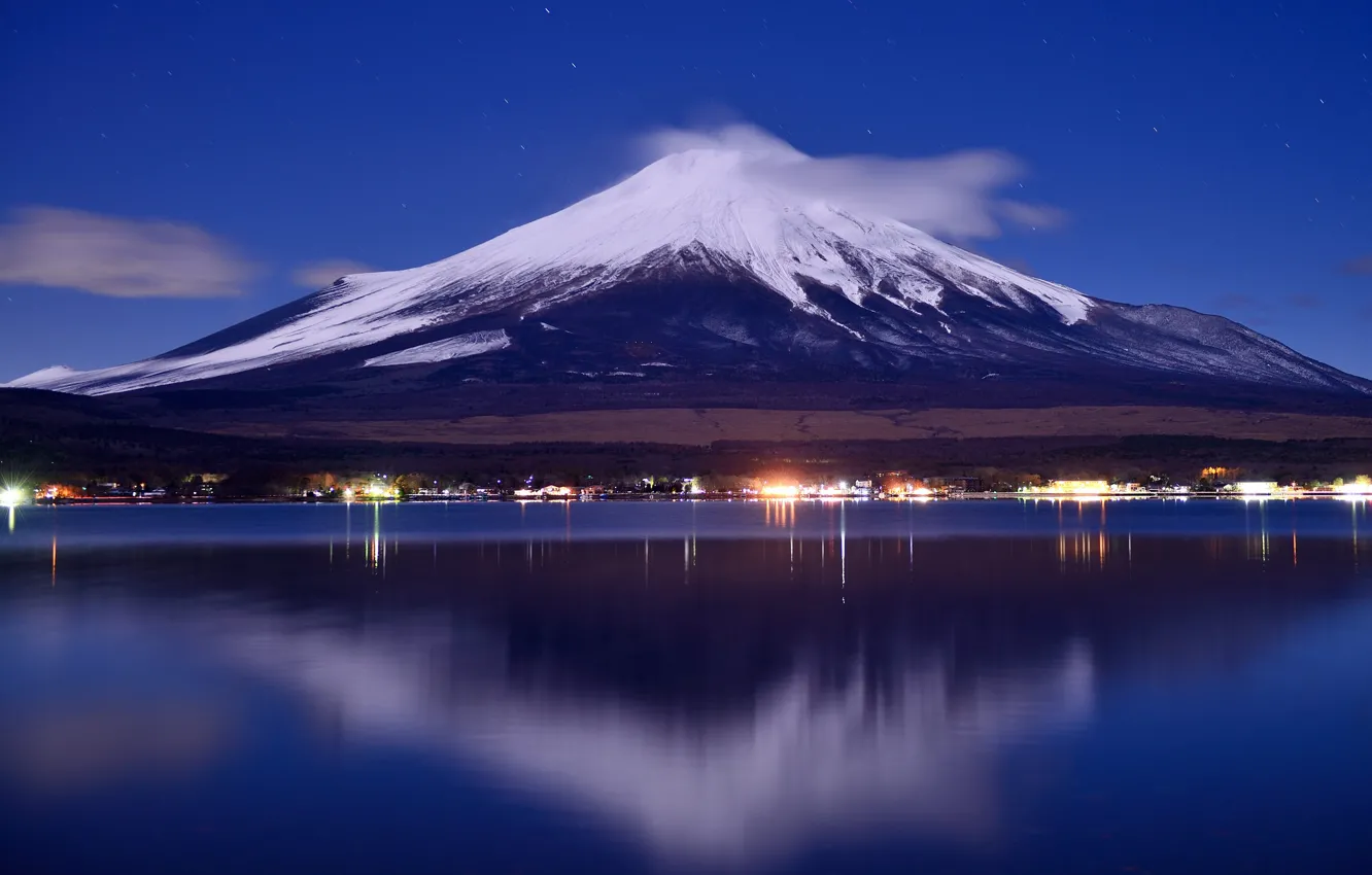 Photo wallpaper the sky, night, lights, lake, Japan, mount Fuji