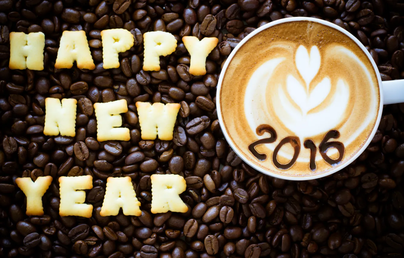 Photo wallpaper new year, New Year, beans, coffee, cookies, decoration, Happy, 2016