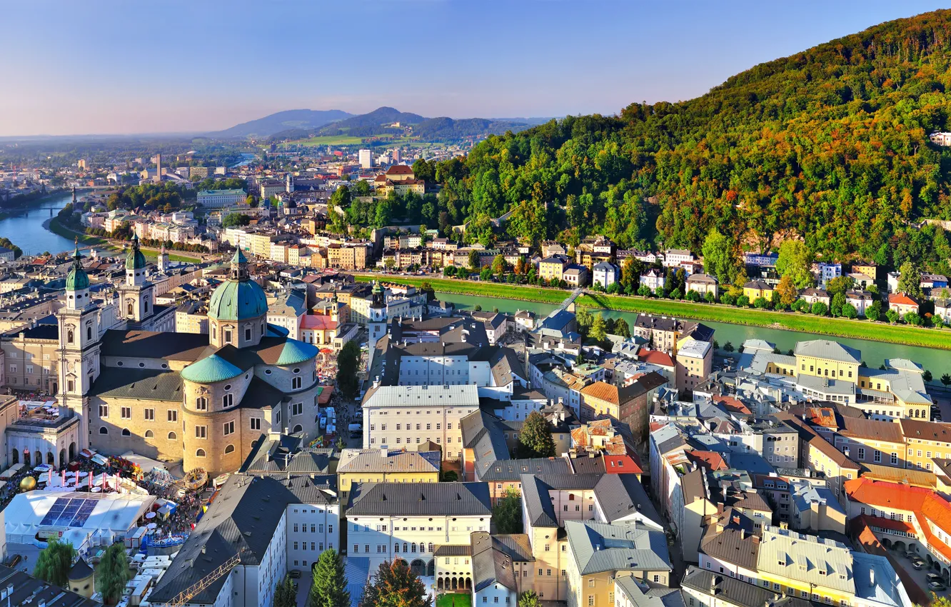 Photo wallpaper Home, Mountains, The city, River, Austria, panorama, Salzburg