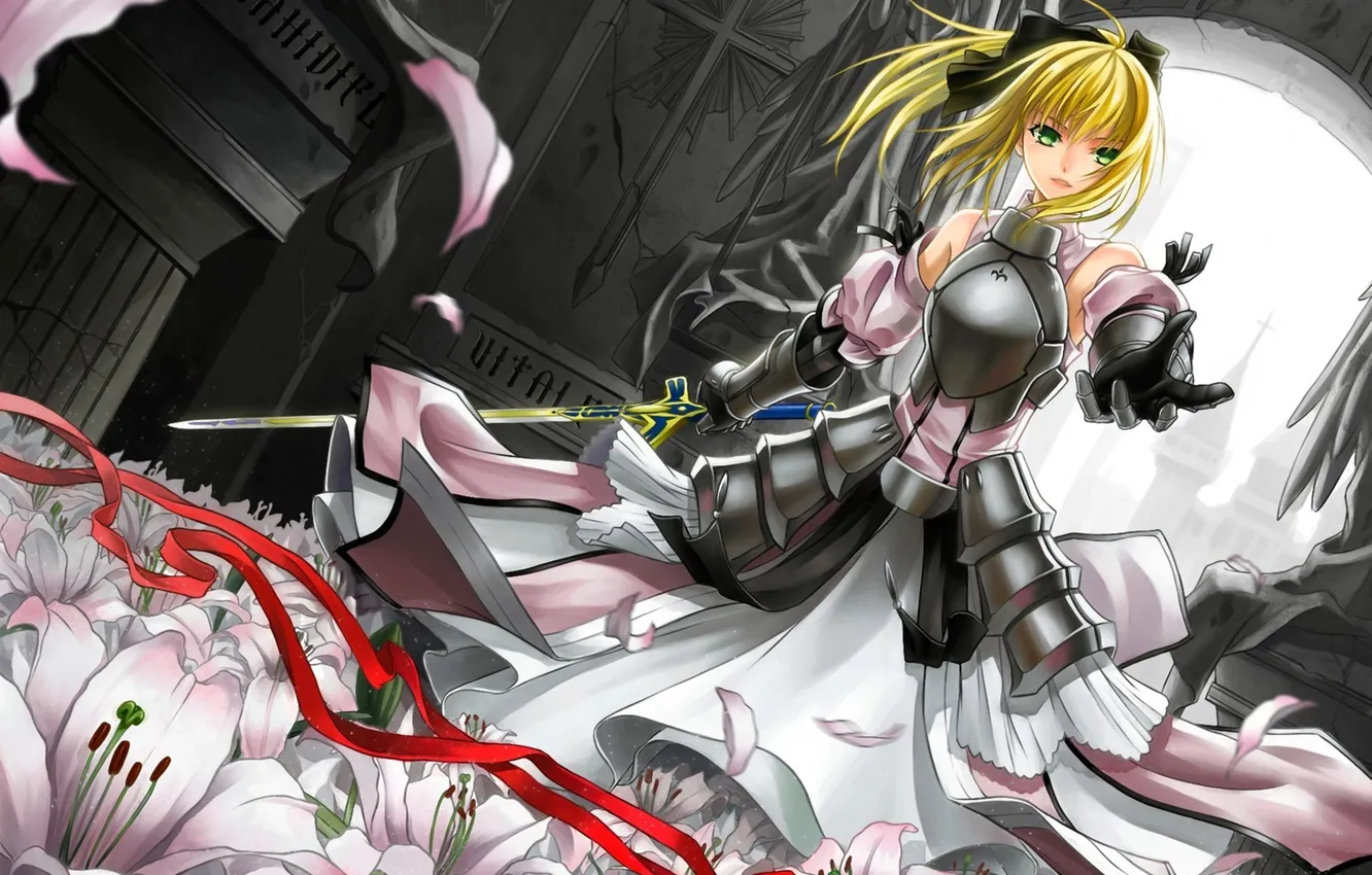 Photo wallpaper girl, flowers, Lily, sword, armor, petals, art, tape