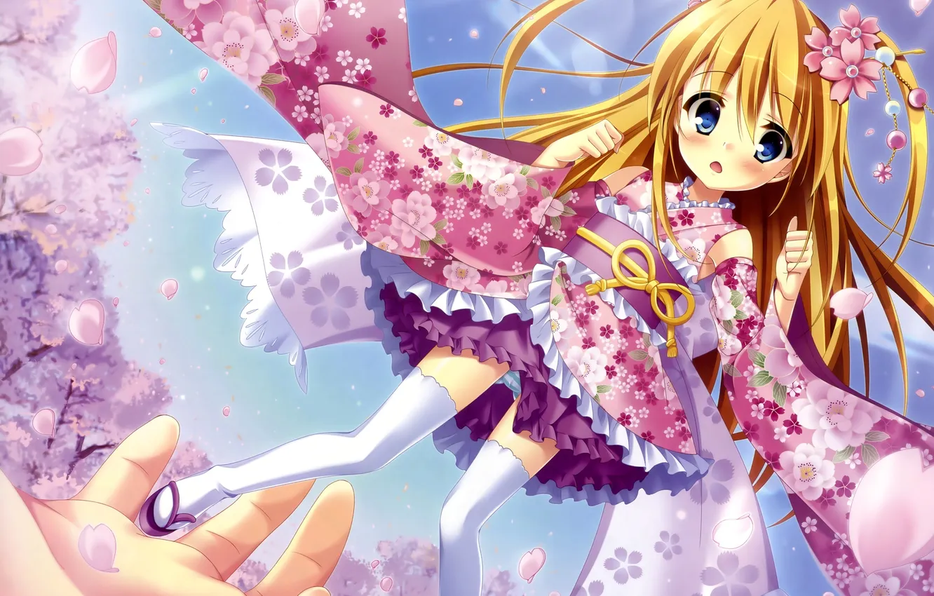 Photo wallpaper the sky, girl, clouds, flowers, anime, hands, petals, Sakura