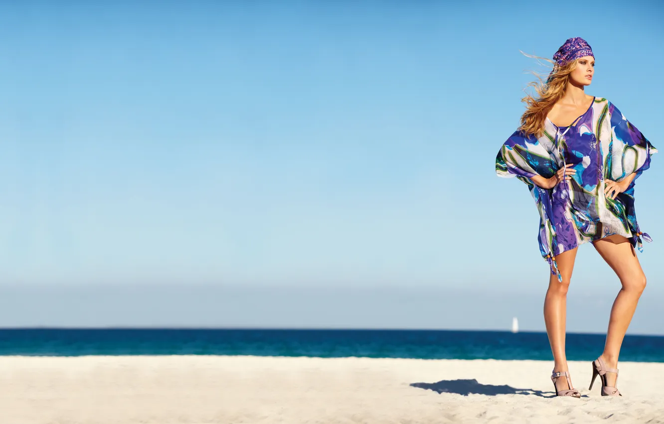 Photo wallpaper sand, beach, the sky, water, girl, the ocean, model, clothing