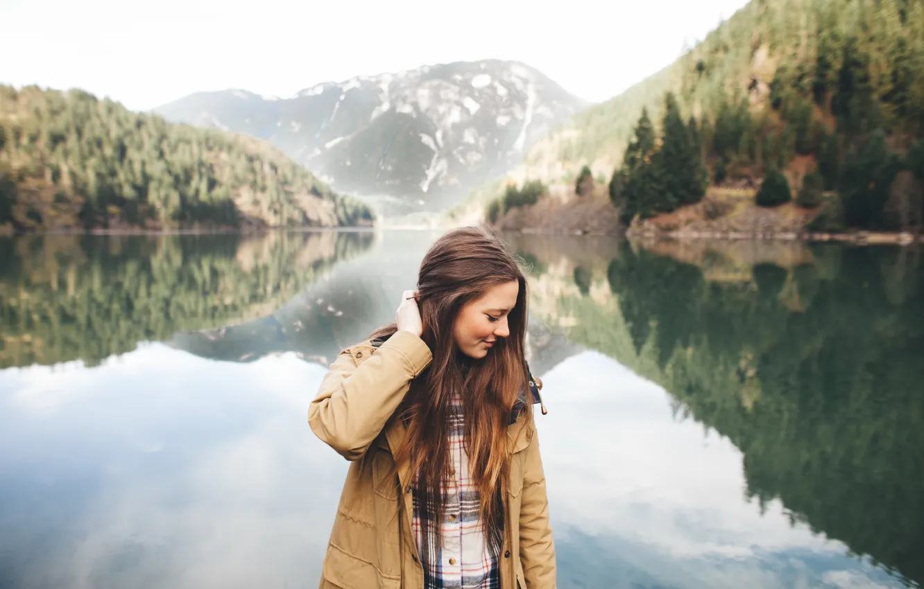 Photo wallpaper girl, landscape, lake