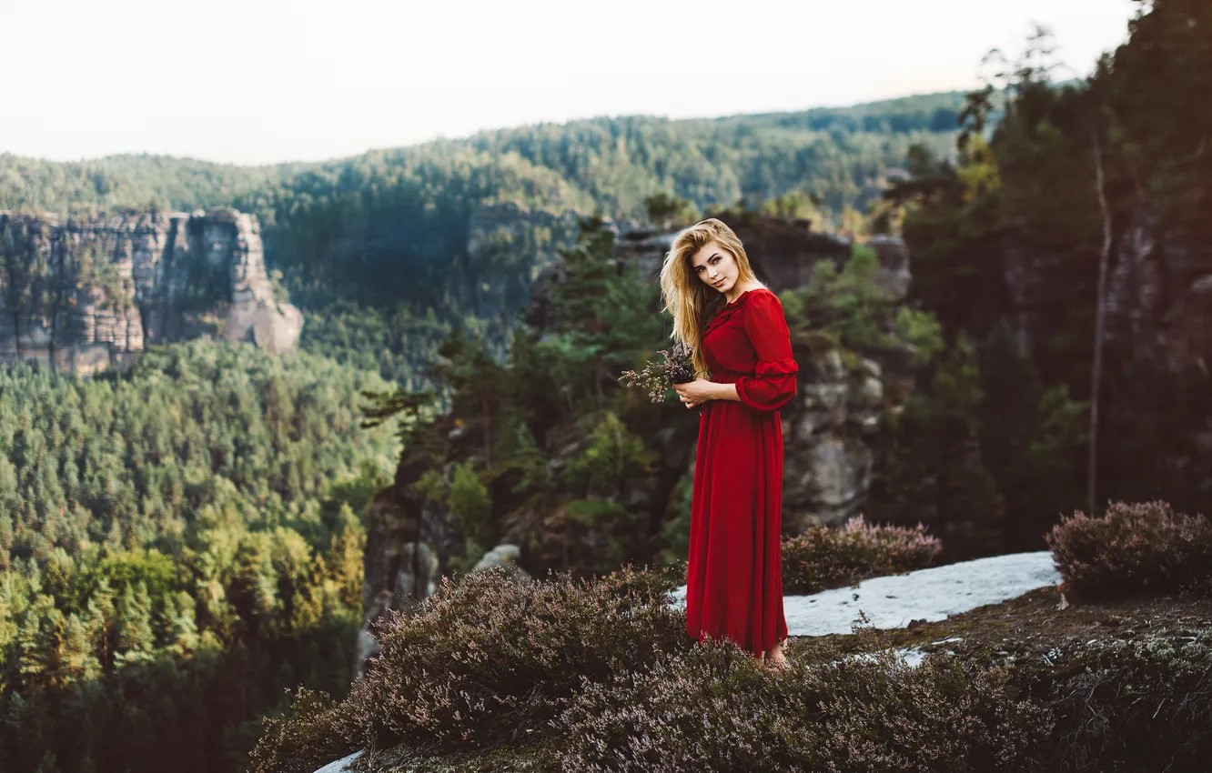Photo wallpaper girl, red, dress, blonde