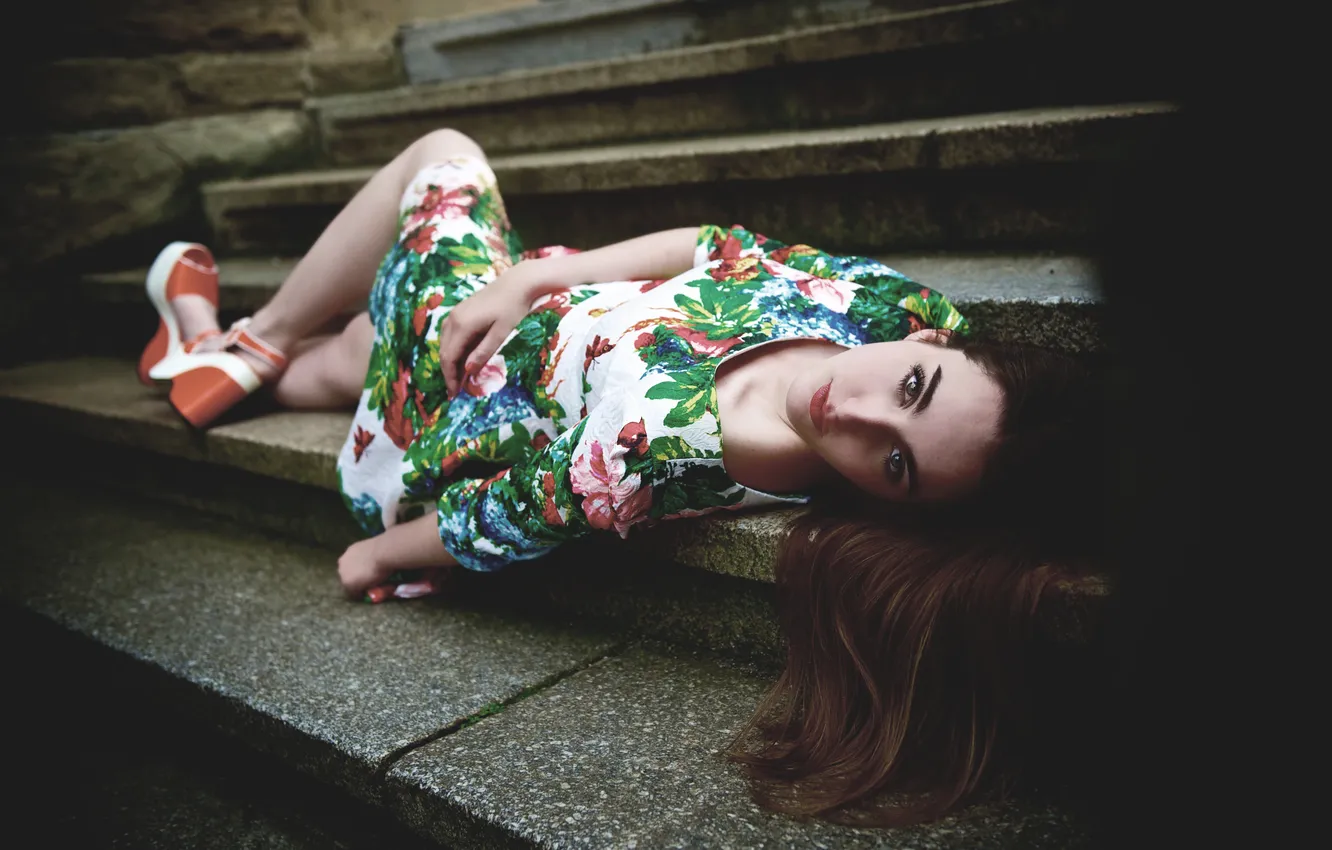 Photo wallpaper look, girl, pose, dress, lies, sandals