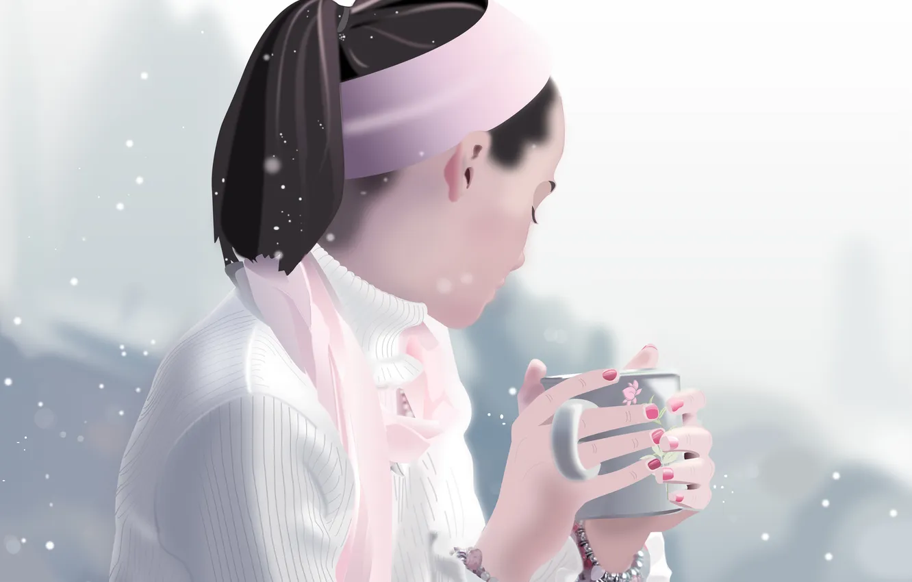 Photo wallpaper winter, girl, snow, mood, vector, hands, mug, bracelet