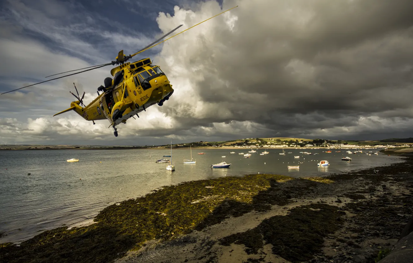 Photo wallpaper beach, shore, boat, boat, helicopter, salvation, Devon