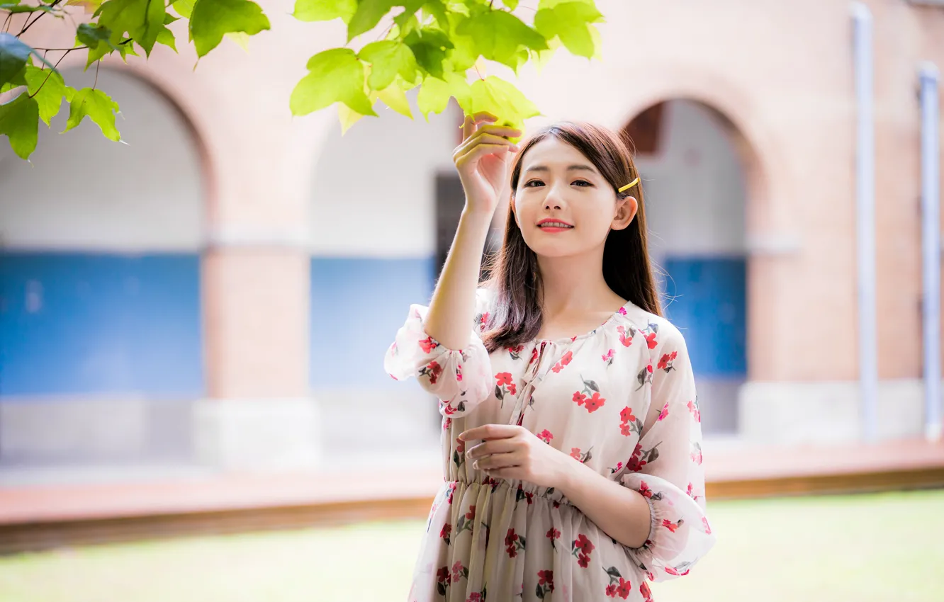 Photo wallpaper look, leaves, girl, branches, dress, Asian, bokeh