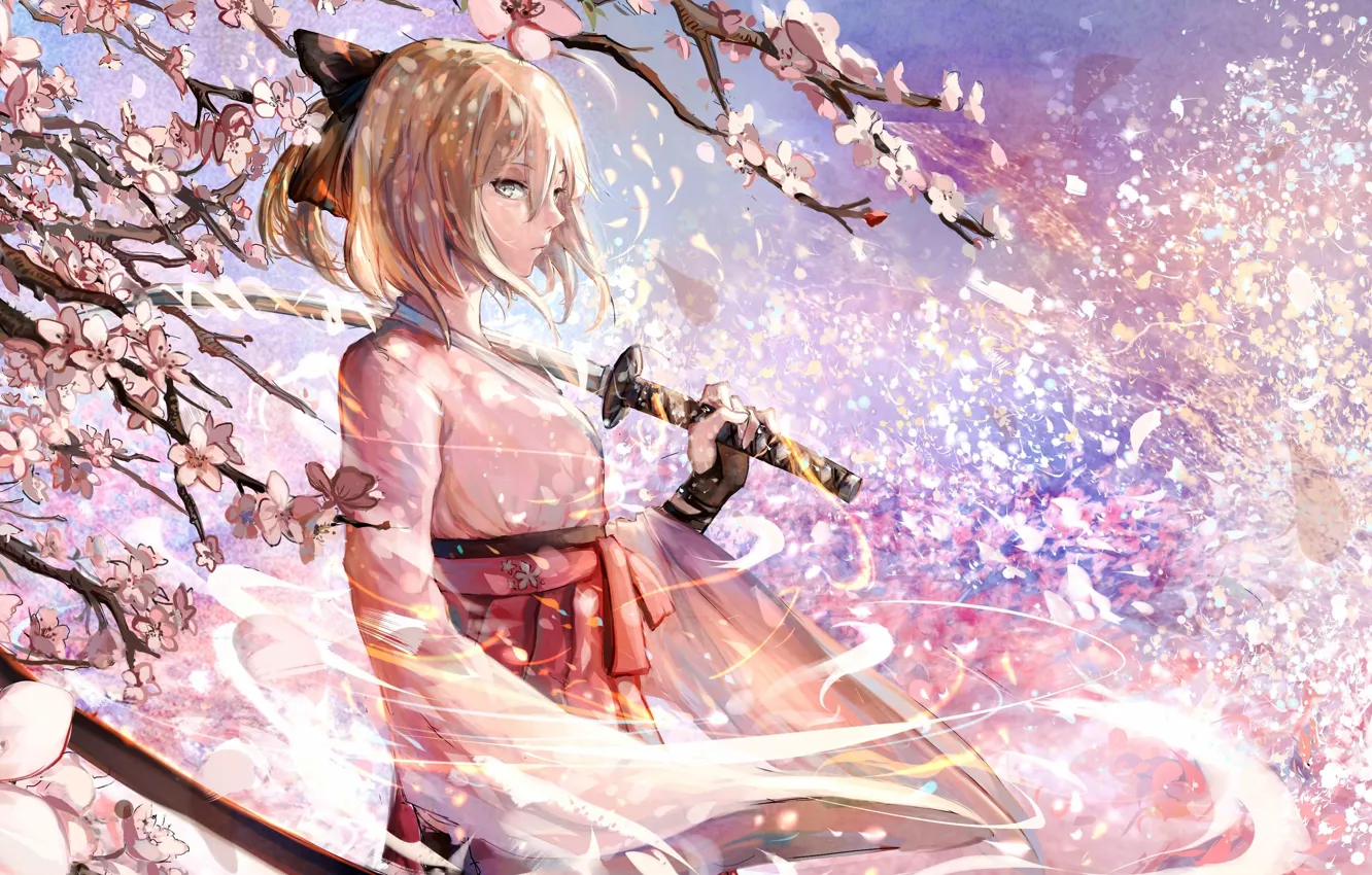 Photo wallpaper katana, anime, character, cherry blossoms, character, samurai sword, Fate Grand Order