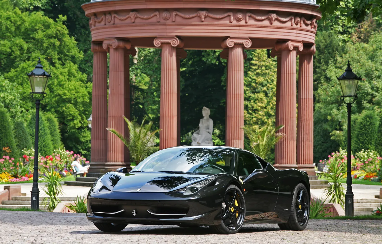 Photo wallpaper reflection, black, lights, ferrari, Ferrari, black, columns, Italy