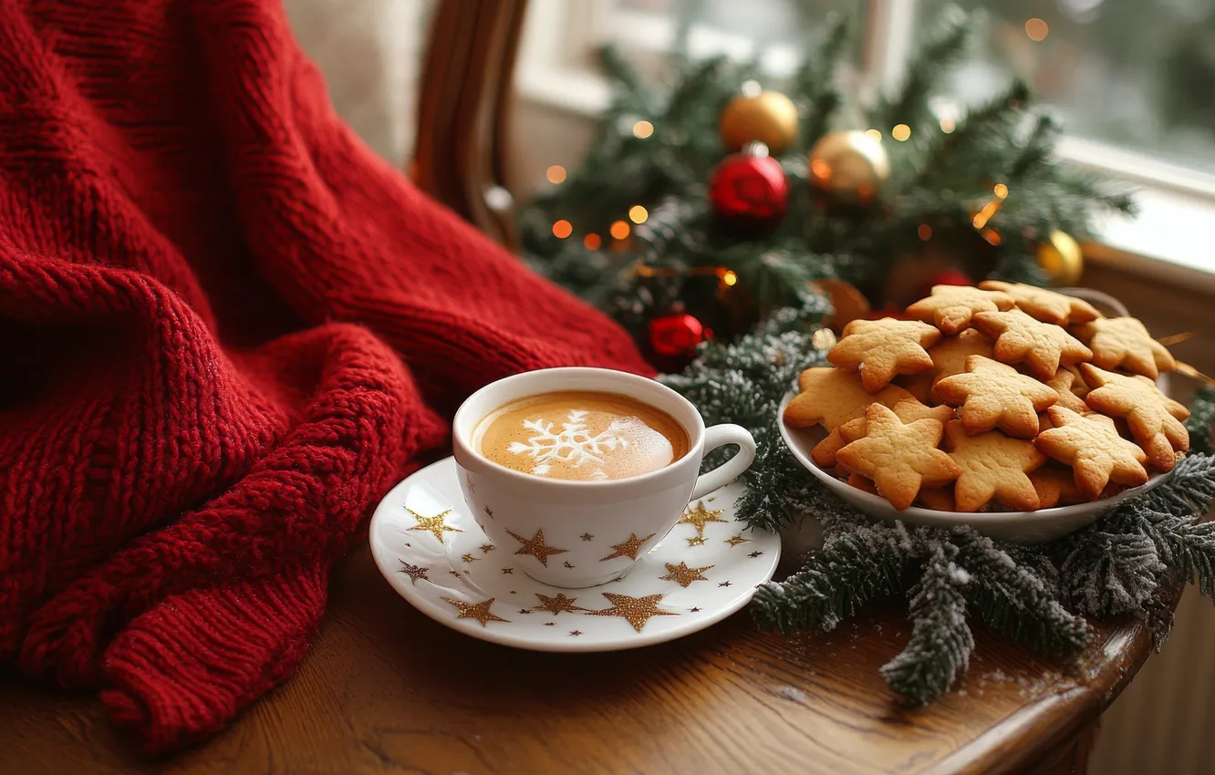Photo wallpaper branches, comfort, table, new year, coffee, cookies, Christmas, plaid