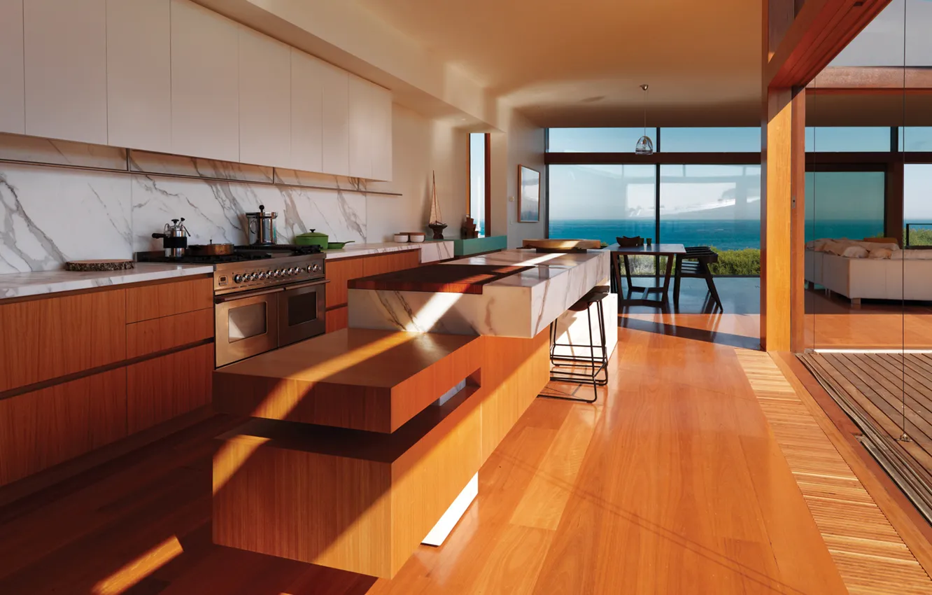 Photo wallpaper sea, table, chairs, interior, technique, window, kitchen, cabinets