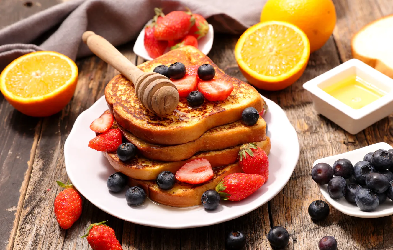 Photo wallpaper berries, orange, Breakfast, blueberries, strawberry, bread, honey, toast