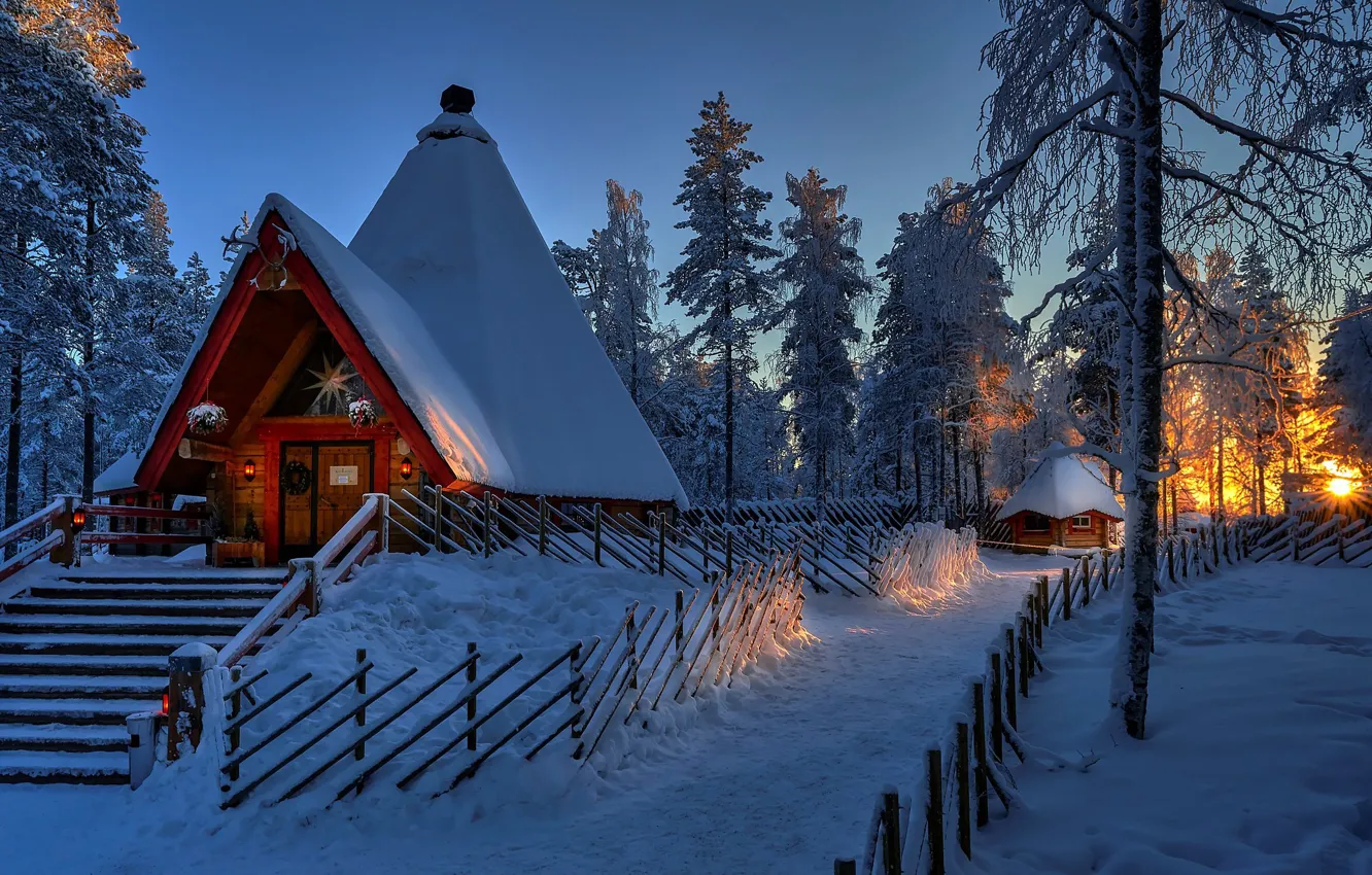 Photo wallpaper winter, snow, trees, sunset, house, the fence, hut, ladder