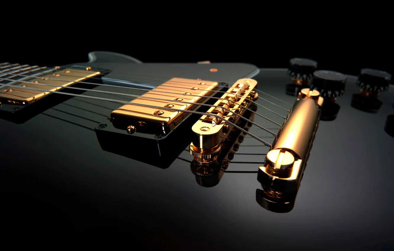 Photo wallpaper guitar, Macro, strings, black background
