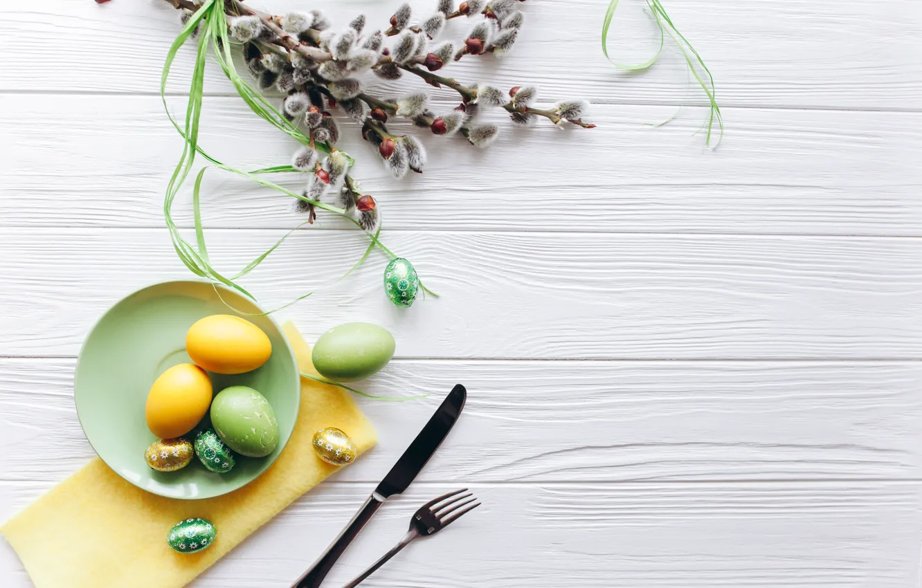 Photo wallpaper holiday, eggs, spring, Easter, Verba, Cutlery