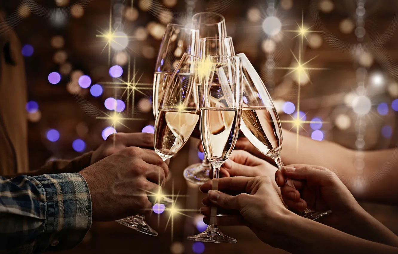 Photo wallpaper glass, hands, champagne, bokeh