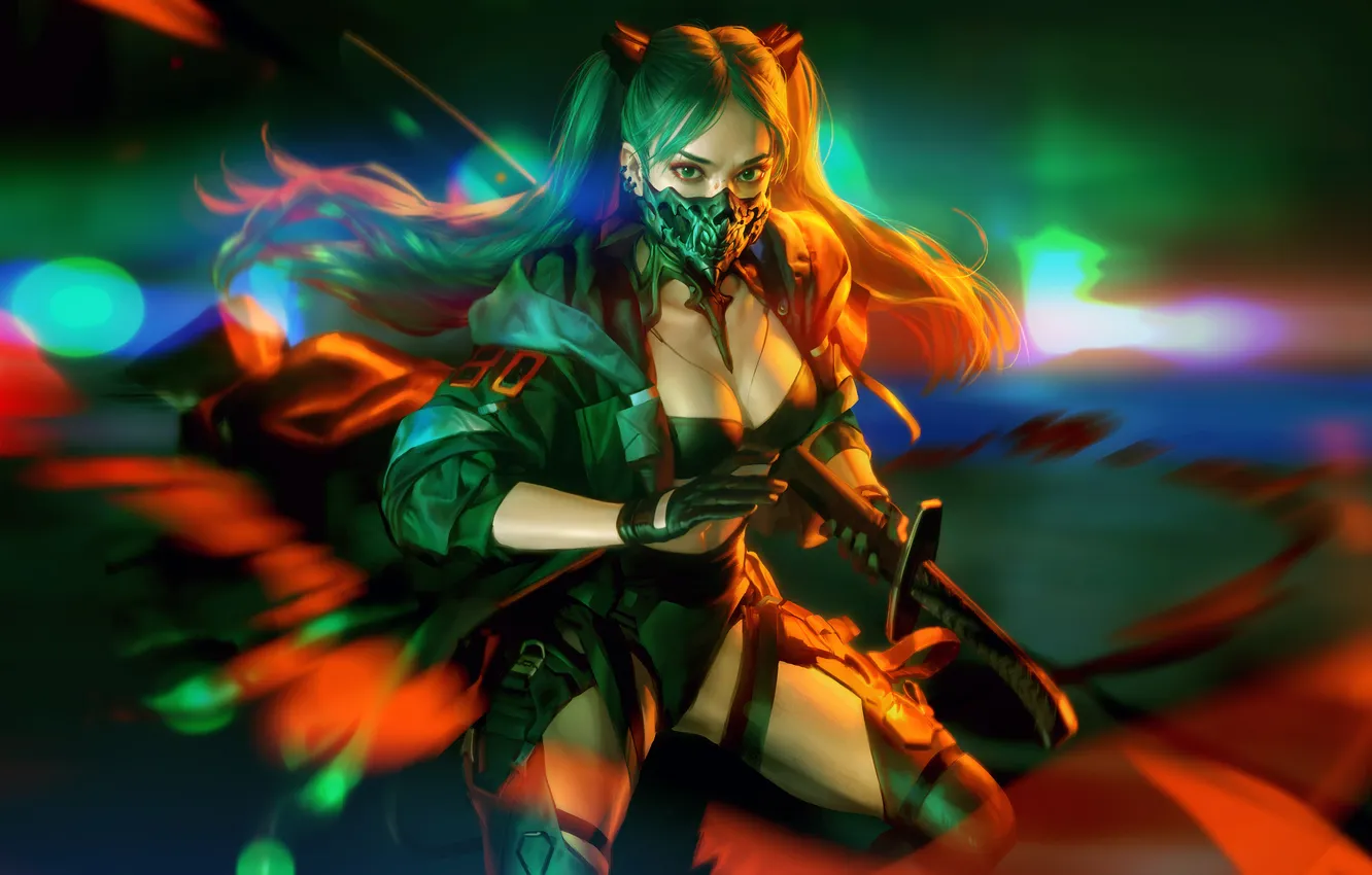 Photo wallpaper cleavage, long hair, women, digital art, artwork, thighs, Big boobs, looking at viewer