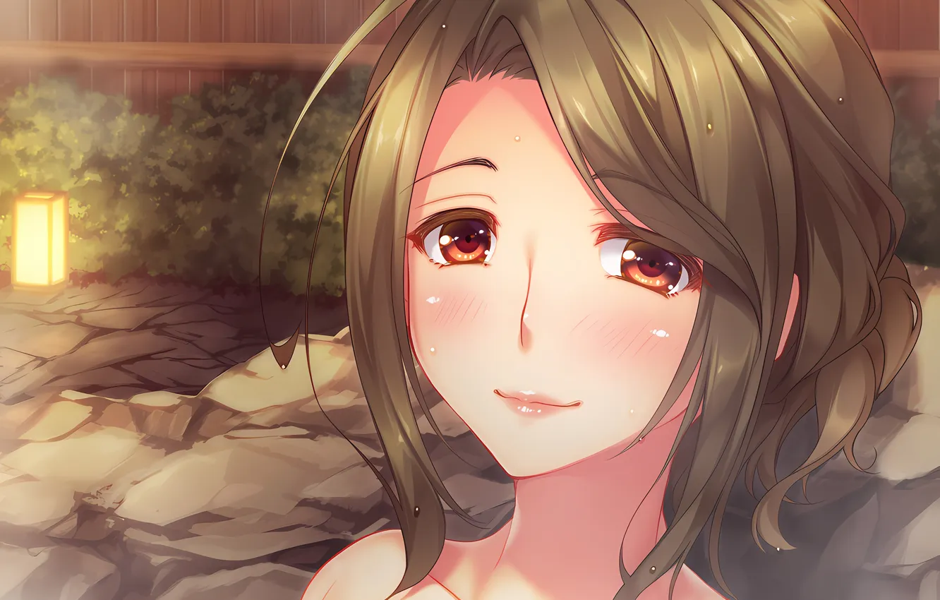 Photo wallpaper girl, wet, anime, beautiful, red eyes, short hair, bath, pretty