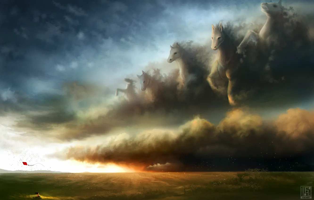 Photo wallpaper girl, clouds, rays, rain, horses, storm, art, kite
