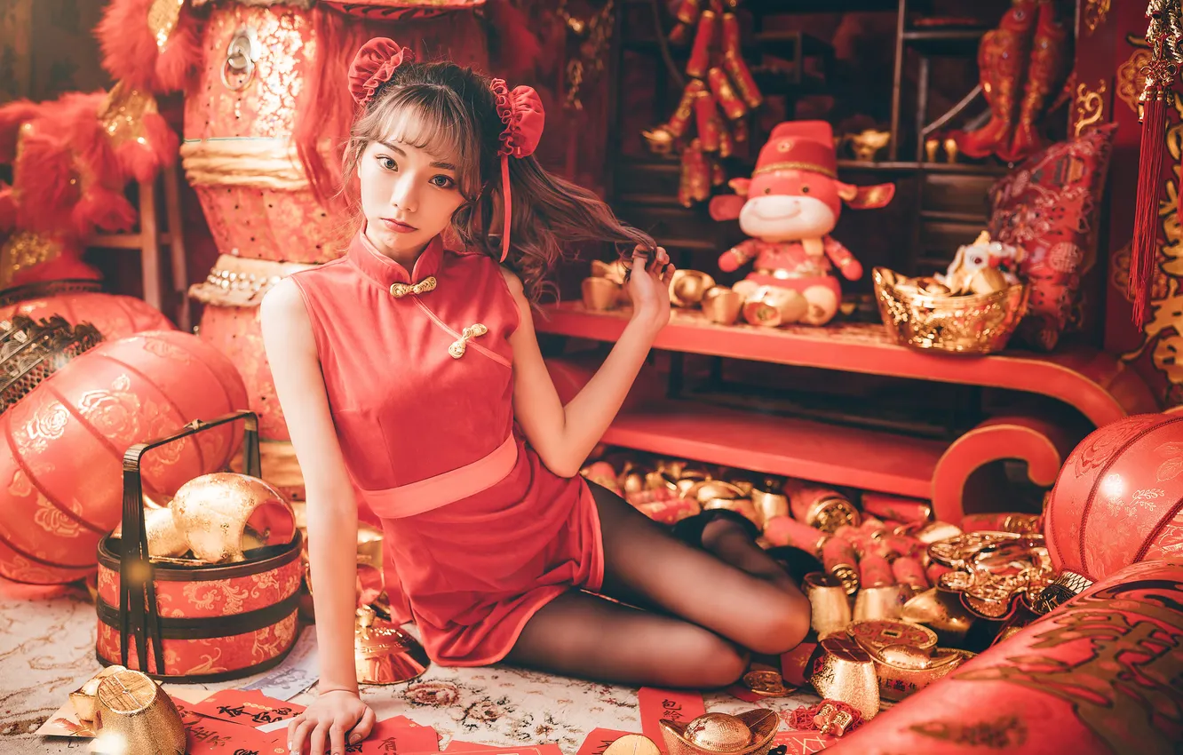 Photo wallpaper legs, model, women, brunette, asian, red lipstick, looking at viewer, pulling hair