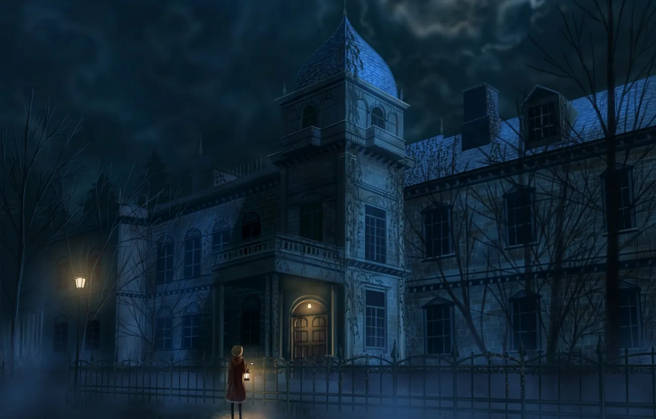 Photo wallpaper the sky, girl, clouds, night, house, the moon, anime, art