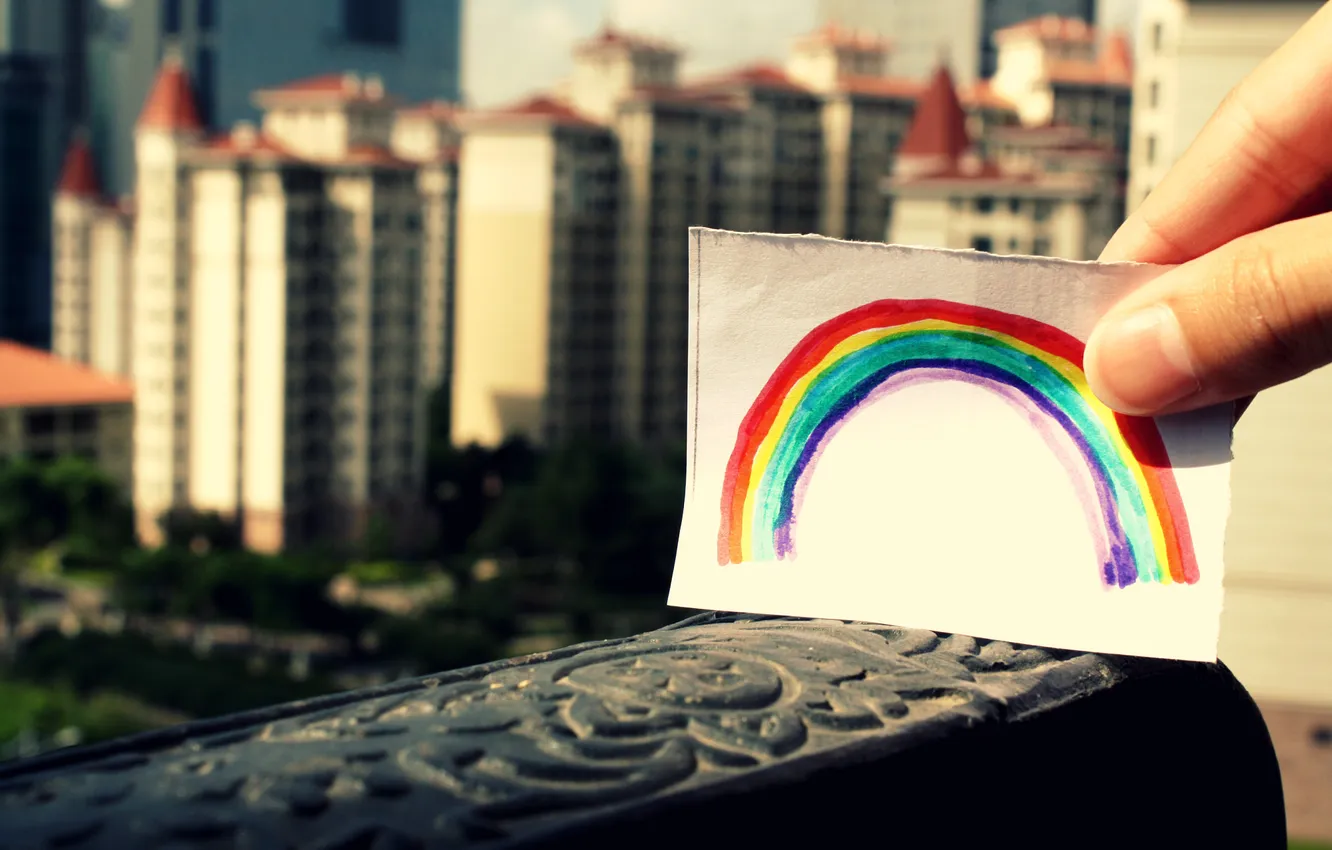 Photo wallpaper city, the city, paper, paint, figure, rainbow, rainbow