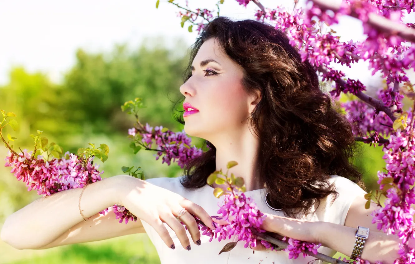 Photo wallpaper nature, bright, beauty, spring, lipstick, brown hair, flowering, nature