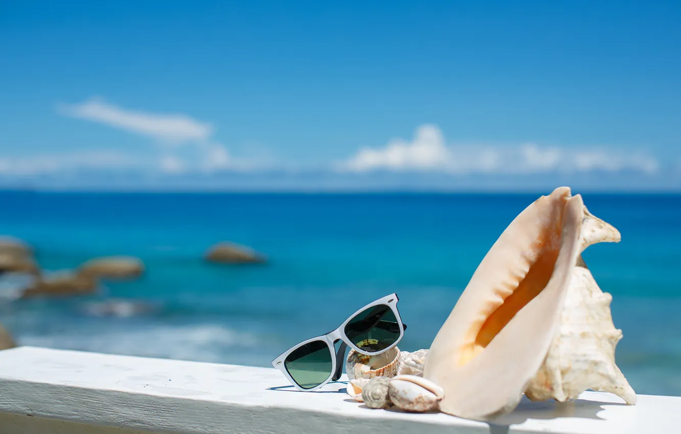 Photo wallpaper summer, beach, sea, sun, blue sky, glasses, vacation, shells
