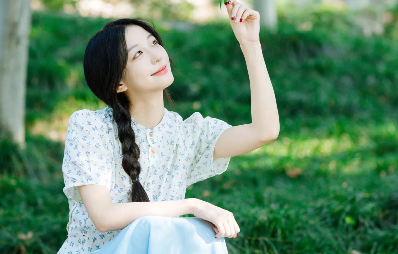 Photo wallpaper grass, woman, smile, beautiful, model, pretty, asian, cute