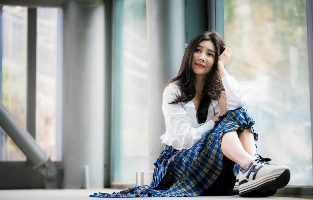 Photo wallpaper girl, hair, Asian, sitting, bokeh