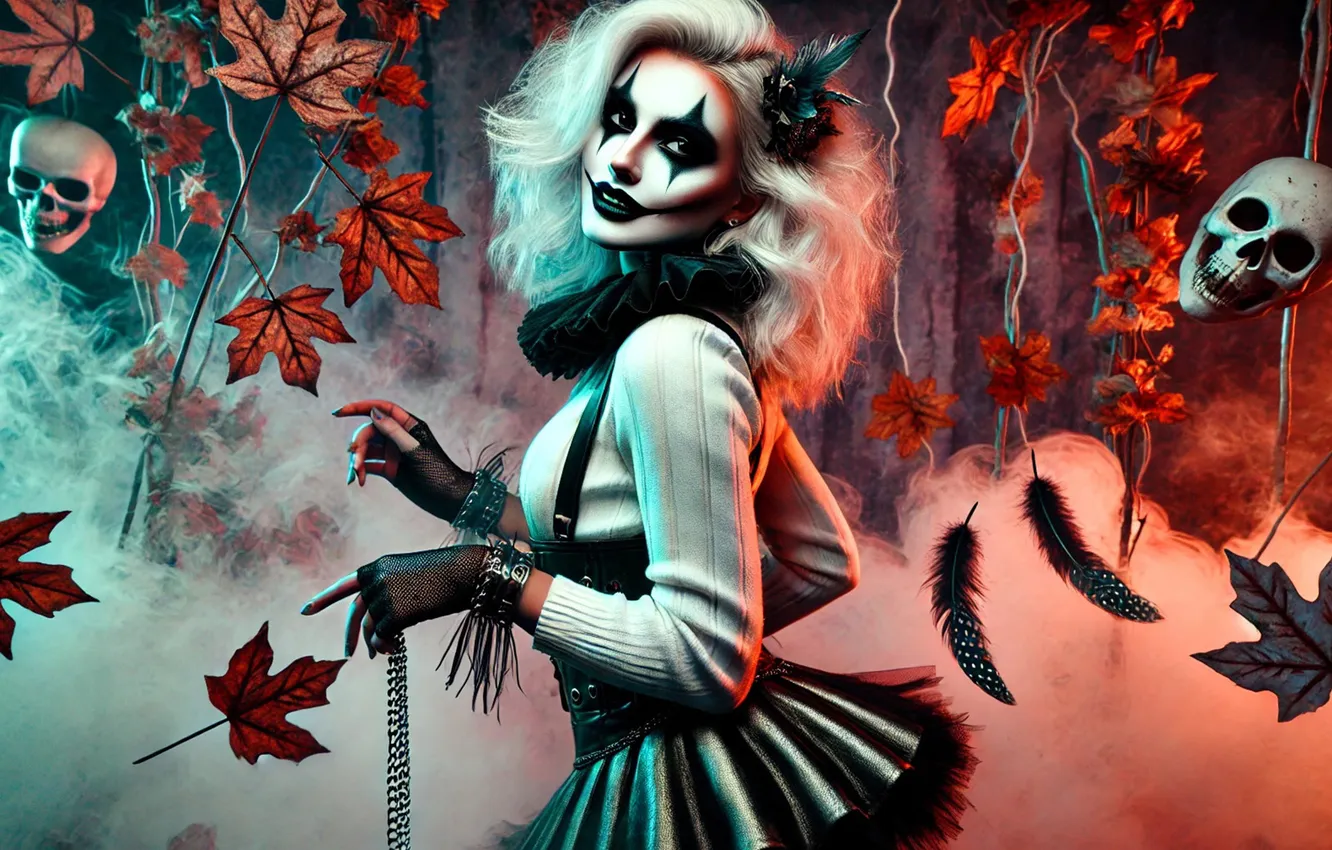 Photo wallpaper autumn, girl, skull