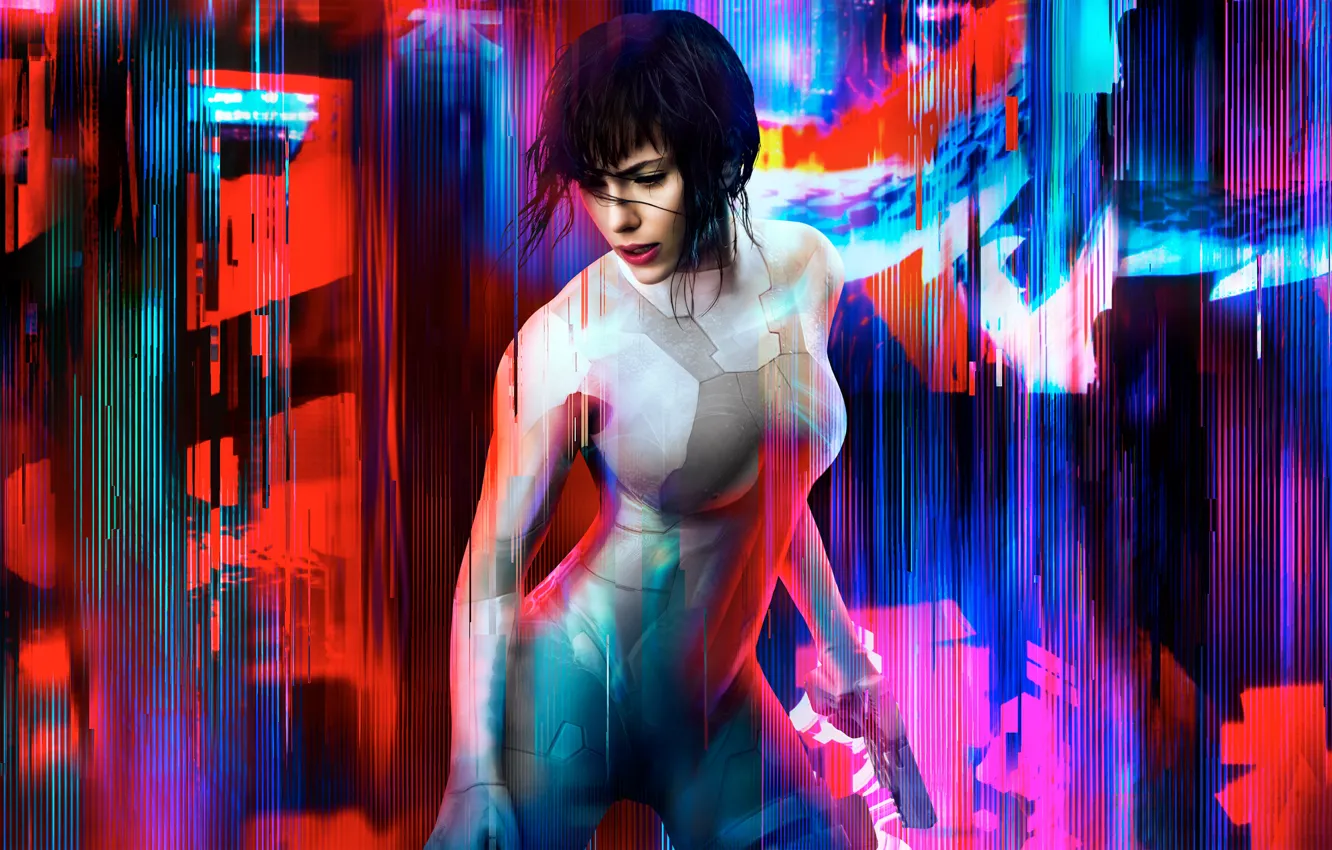 Photo wallpaper Pink, Scarlett Johansson, Girl, Action, Red, Ghost, Shell, Beautiful