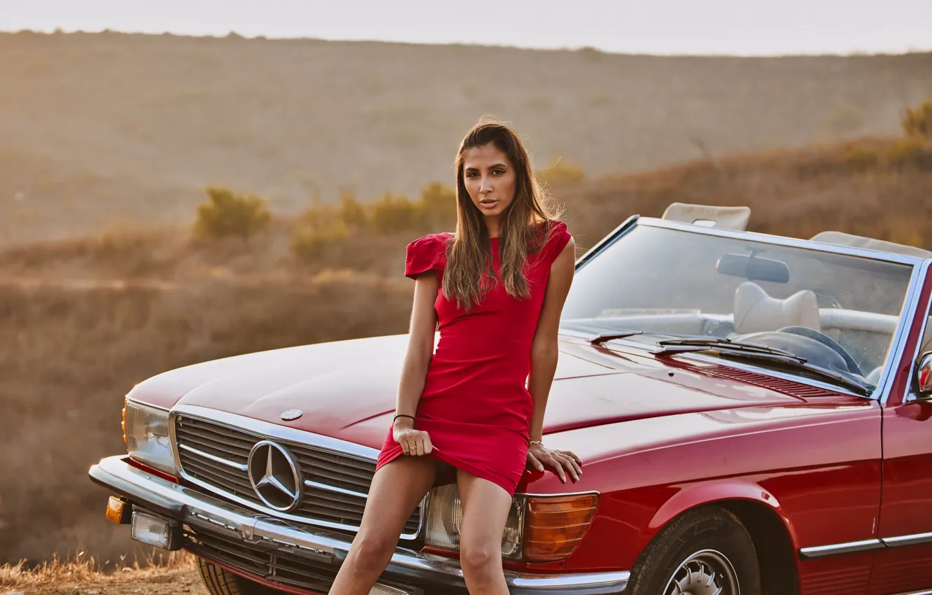 Photo wallpaper car, Mercedes, Earth, dress, model, hair, brunette, look