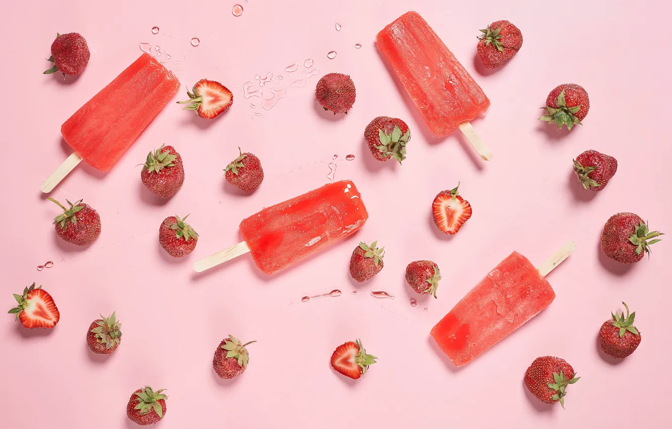Photo wallpaper ice cream, background, ice, berries, strawberry, ice cream