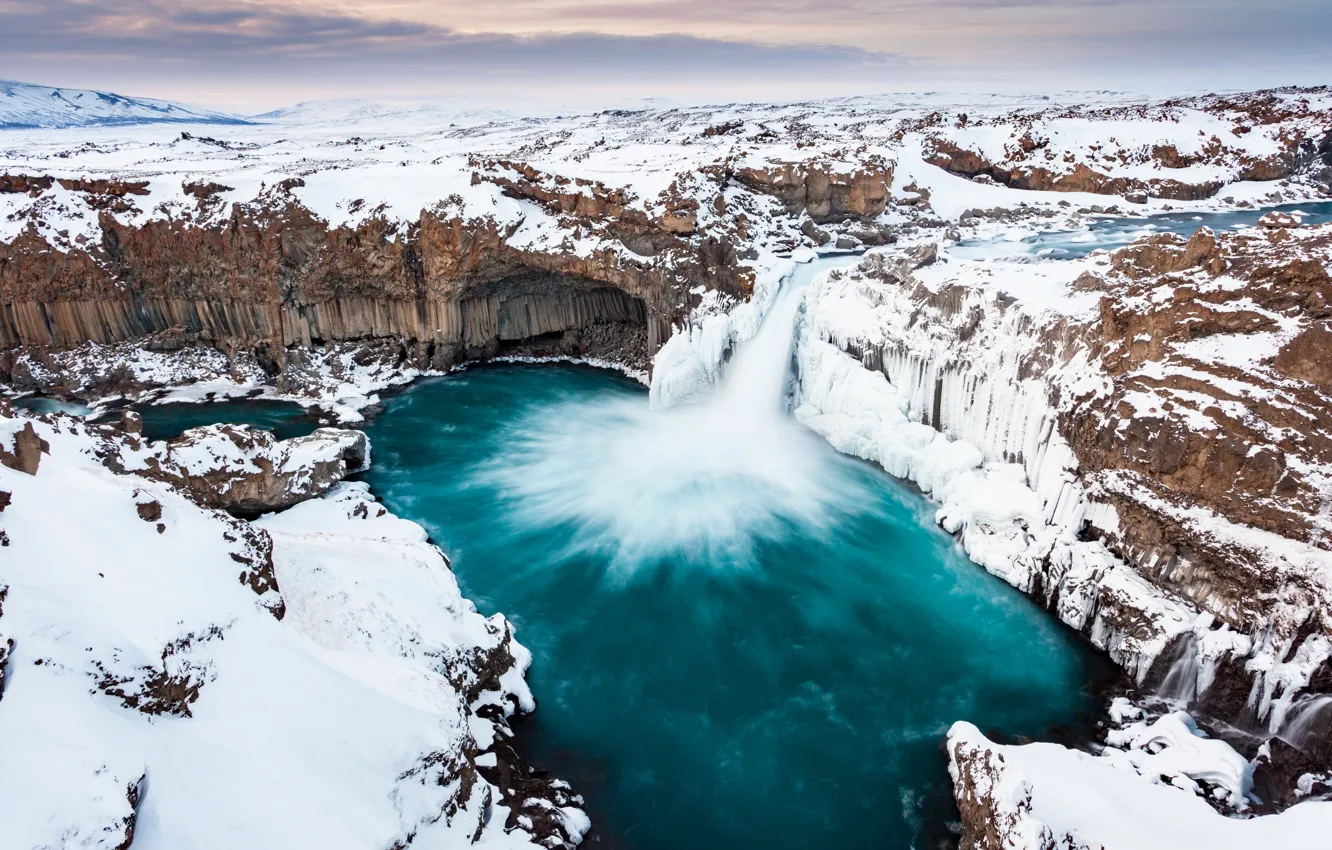 Photo wallpaper winter, snow, rocks, waterfall, Iceland