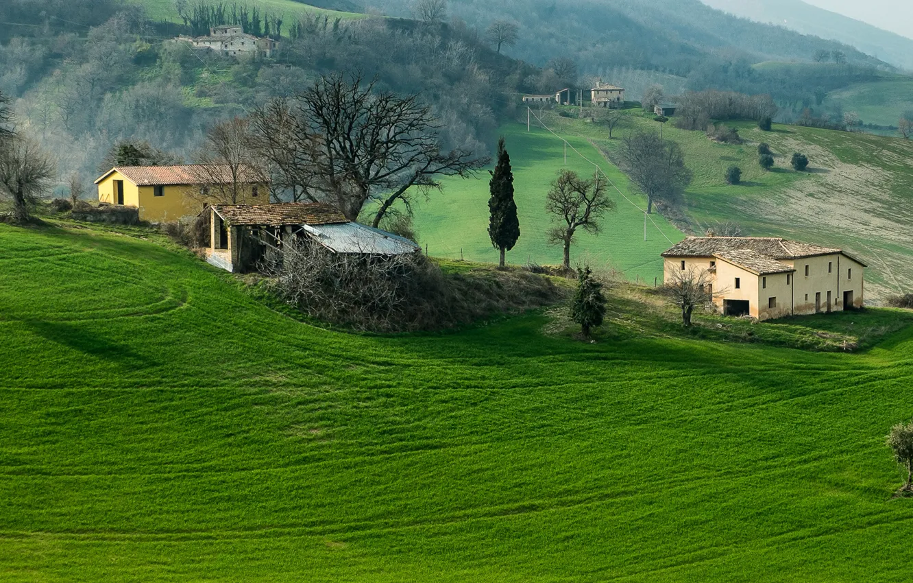 Photo wallpaper field, grass, trees, mountains, house, hills, Italy, Campaign