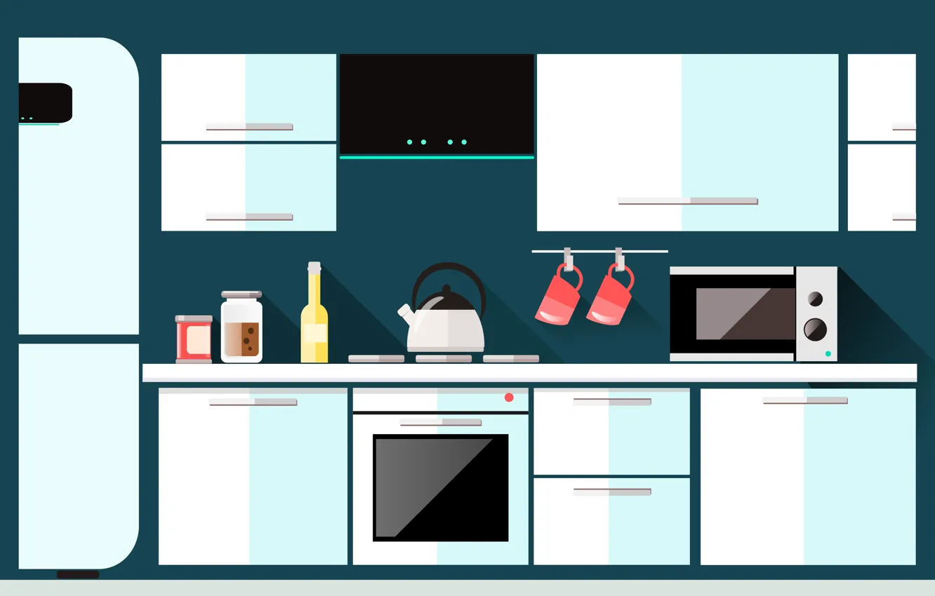 Photo wallpaper furniture, vector, kettle, kitchen, microwave