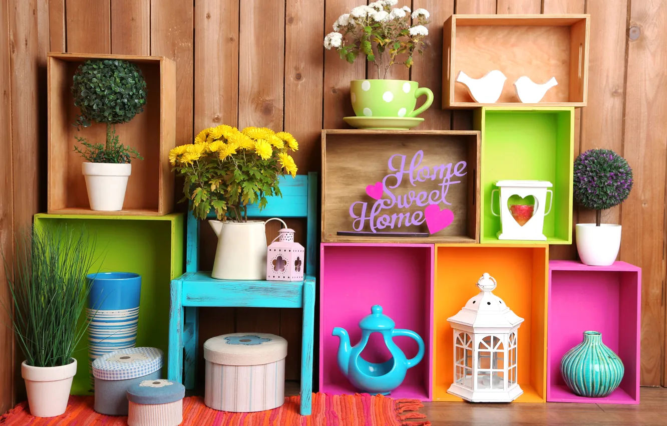Photo wallpaper flowers, colors, colorful, vase, pitcher, design, flowers, interior