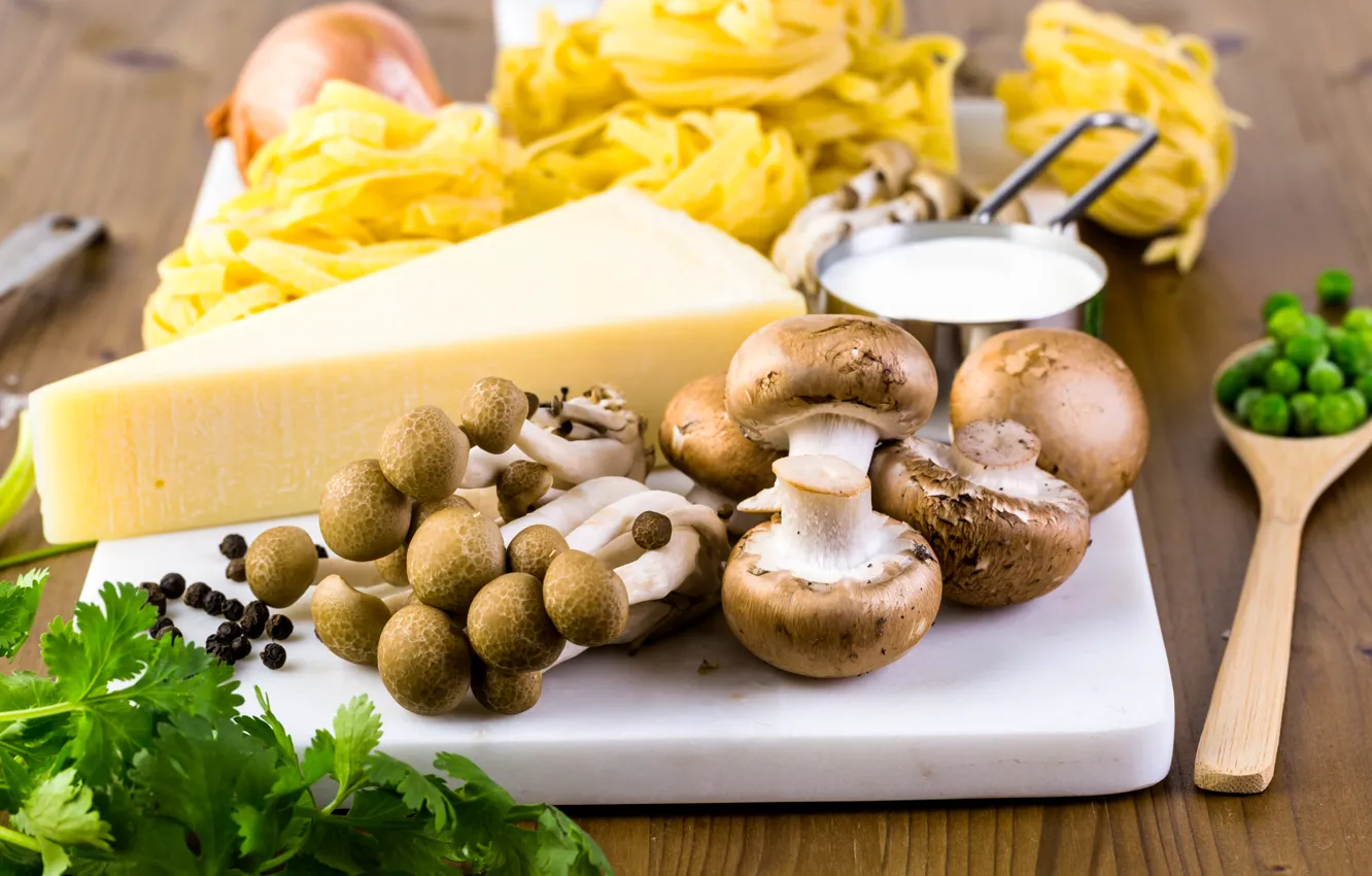 Photo wallpaper greens, mushrooms, cheese, spices, mushrooms, mushrooms, cheese, pasta