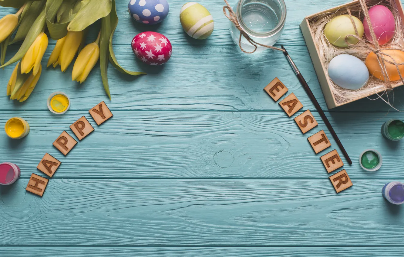 Photo wallpaper flowers, holiday, eggs, Easter, tulips