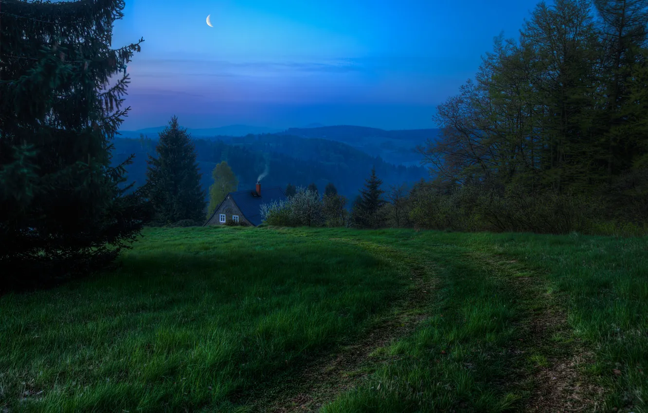 Photo wallpaper the sky, grass, trees, nature, the moon, smoke, track, house