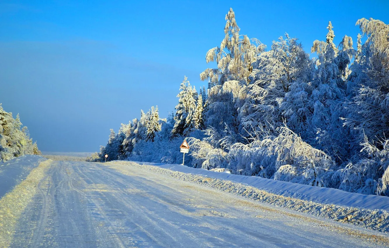 Photo wallpaper winter, road, forest, the sky, clouds, snow, trees, landscape