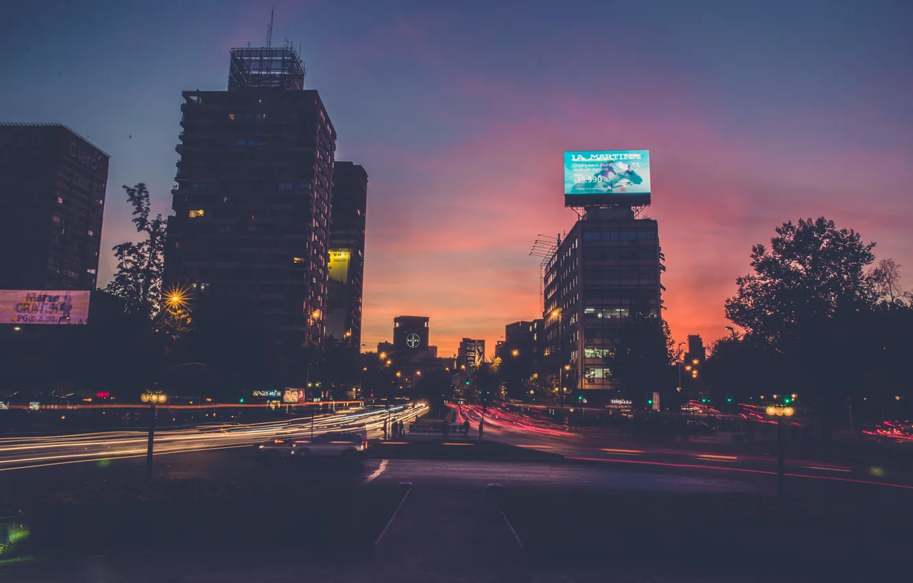 Photo wallpaper cars, sundown, traffic, buildings, Santiago, Chile, long exposure