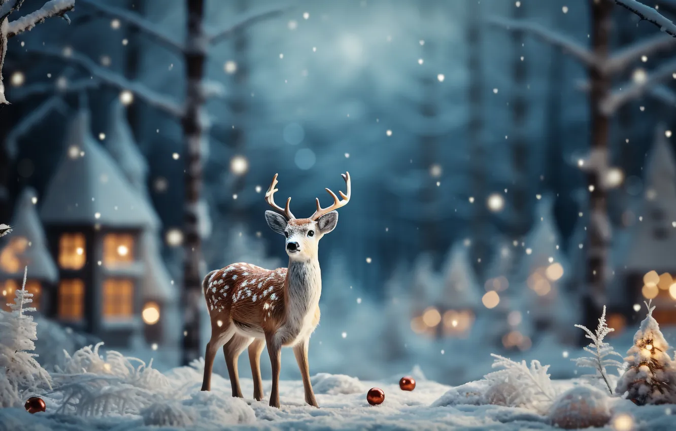 Photo wallpaper snow, decoration, night, balls, new year, Christmas, Christmas, balls