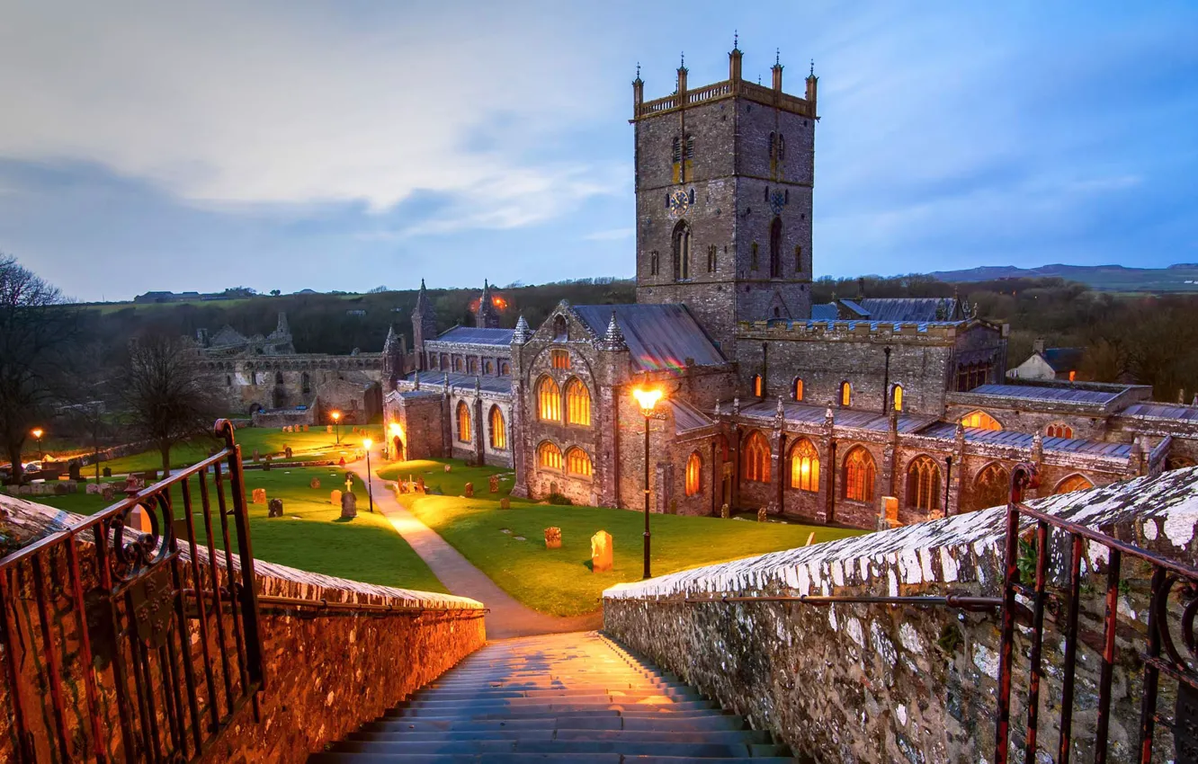Photo wallpaper lights, tower, stage, Wales, Saint David's, St David's Cathedral
