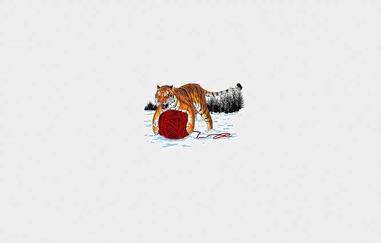 Photo wallpaper trees, tiger, the game, paws, a ball of thread