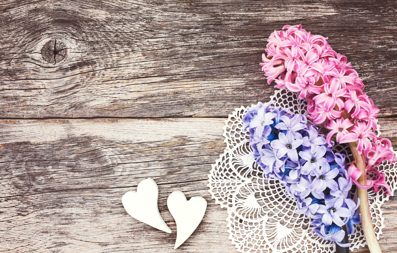 Photo wallpaper flowers, bouquet, pink, blue, pink, flowers, hearts, hyacinths